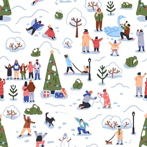 Seamless Christmas pattern, people during winter funs. Repeating print, snow nature, street with happy characters, families, kids at Christmas holiday time outdoors. Flat graphic vector illustration.