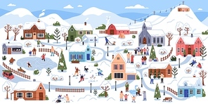 Winter landscape of village in snow, people on holidays. Cute Christmas town panorama with families, children during outdoor funs, activities outside of houses on vacations. Flat vector illustration.