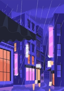 Rain in night city, card. empty street with buildings, glowing urban lights, windows in rainy weather. Downpour, shower, rainfall, monsoon in town at midnight, dark evening. Flat vector illustration.
