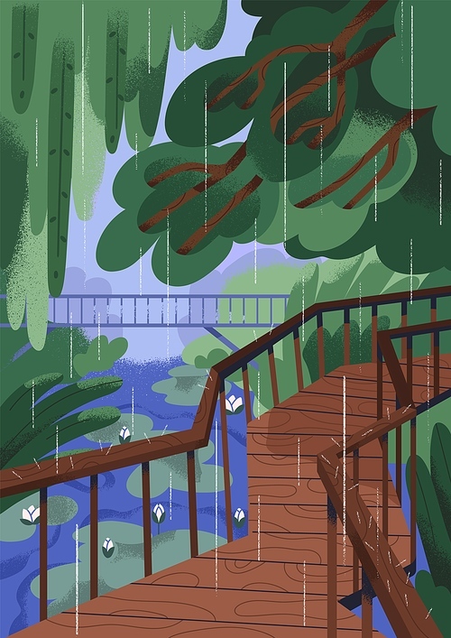 Rain in empty park, nature. Overcast rainy weather, downpour, rainfall, pouring shower season, landscape card. Green trees, river water, flowers, wooden path in monsoon. Flat vector illustration.