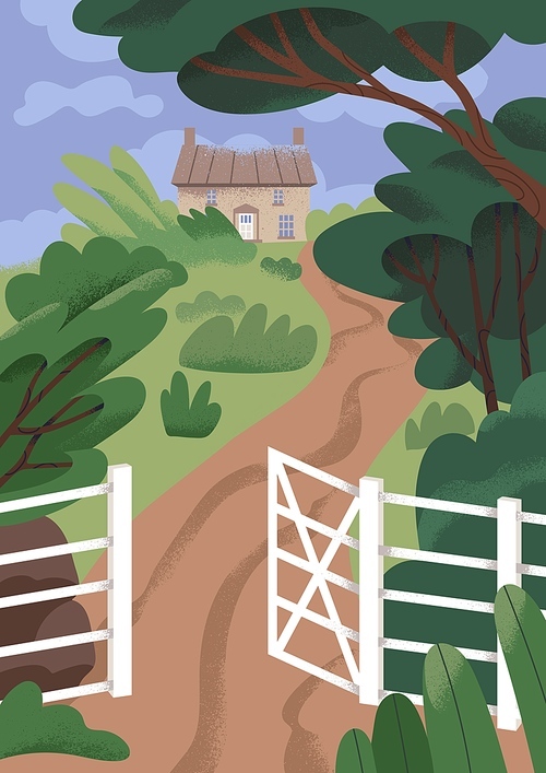 Remote house in nature. Country home with footpath, open fence gate, wicket. Secluded countryside mansion, old rural building, estate in gloomy overcast cloudy weather. Flat vector illustration.