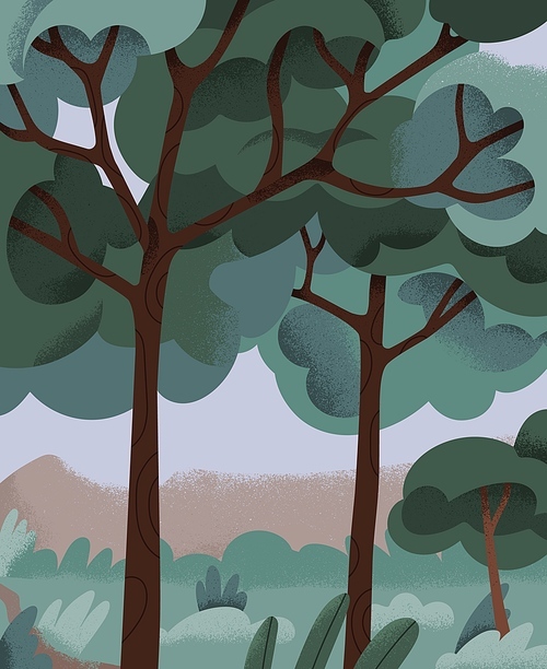 Gloomy dramatic nature, leaf trees. Dark landscape in overcast bad weather. Melancholy mood, sadness, depressive natural scenery. Vertical card background. Flat vector illustration.