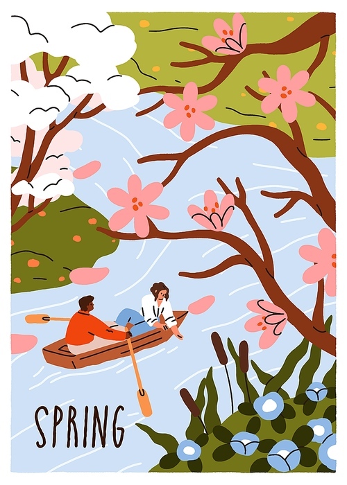 Love couple, spring season date in nature. Romantic man and woman in boat on river water. Valentines enjoying blossomed flowers, blooming trees outdoors. Delicate postcard. Flat vector illustration.