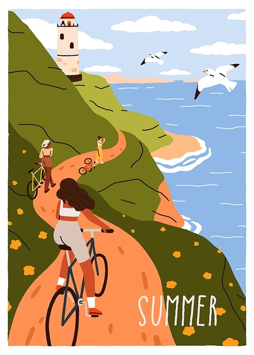 Cyclists on bicycles, travel at sea side. People cycling at seaside. Cyclists riding bikes, nature promenade, adventure on summer holiday, vacation. Summertime season card. Flat vector illustration.