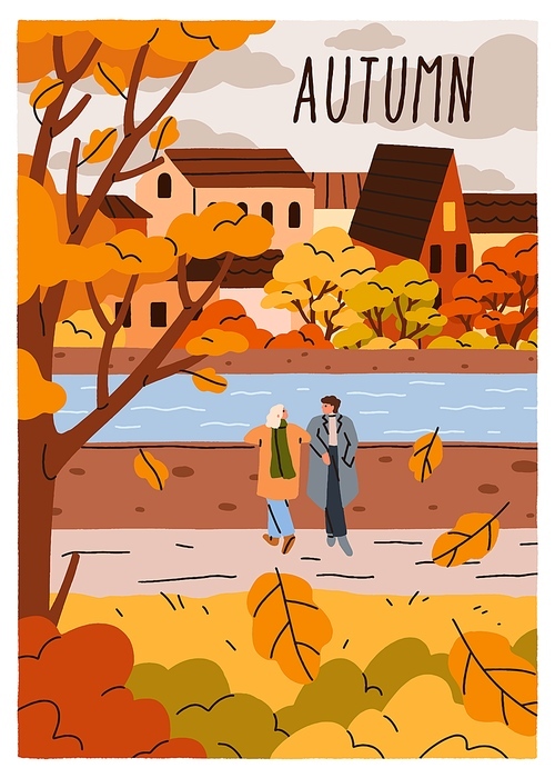 Love couple, romantic autumn date in city park. Fall card, man and woman valentines walking, strolling at riverside. Urban promenade by river among yellow trees, orange leaf. Flat vector illustration.