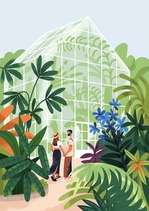 Couple in botanical garden, greenhouse. Man and woman on date in green house, conservatory with leaf foliage plants, flowers. People in love, walking in nature, park. Flat vector illustration.