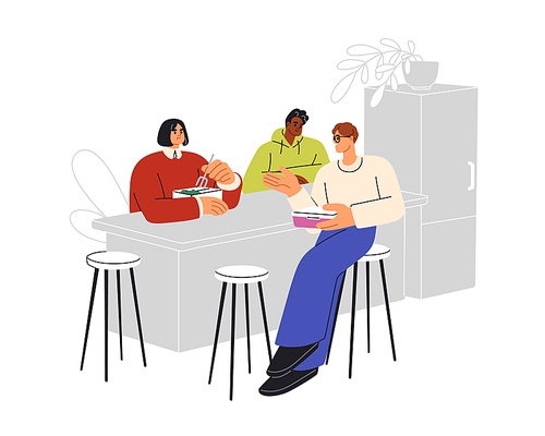 Office workers at lunch break. Colleagues sitting at dining table, having meal together, talking. Employees eat food at corporate kitchen. Flat graphic vector illustration isolated on white background.