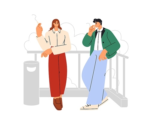 Man and woman, smokers couple. Employees, office workers smoke during outdoor break. Business people, colleagues smoking, talking, discussing. Flat vector illustration isolated on white background.