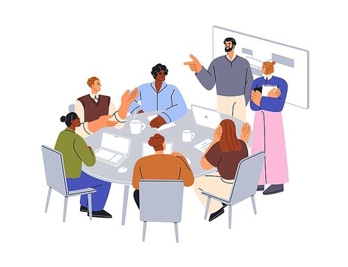 Business meeting at conference table. Office team, employees at brainstorm, work discussion. Corporate communication, teamwork, collaboration. Flat vector illustration isolated on white background.