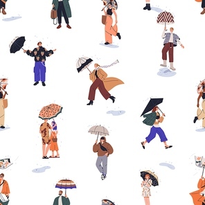 People under umbrellas, seamless pattern. Rainy weather, day with puddles, happy running, walking characters, endless background design, repeating print. Flat vector illustration for fabric, wrapping.