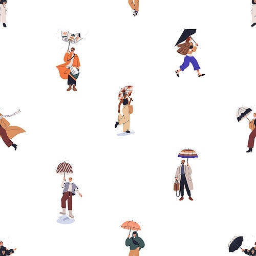 People under umbrellas in rainy day, weather, seamless pattern. Running, walking men, women, endless background design. Printable repeating print. Flat vector illustration for textile, fabric.