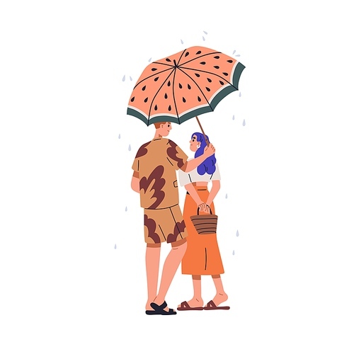 Love couple standing under umbrella in rain. Happy romantic man and woman in rainy day. Enamored girl and guy, valentines together. Flat graphic vector illustration isolated on white background.