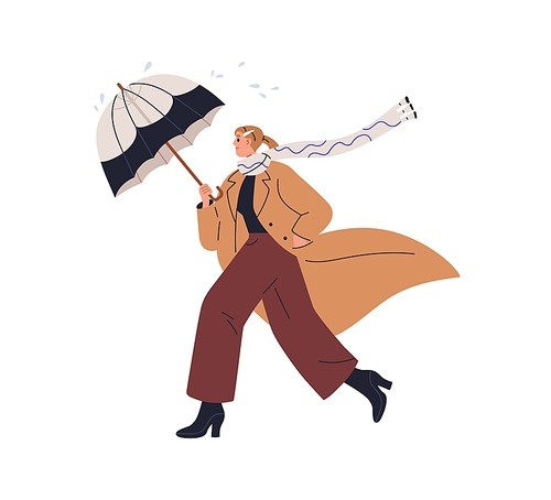 Woman walking under umbrella in autumn. Happy girl going in fall coat and scarf in windy weather, rainy day. Modern stylish person in rain. Flat vector illustration isolated on white background.