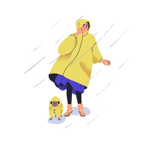 Pet owner walking with cute dog in rain. Woman and funny puppy in raincoats in rainy weather. Person and doggy in shower, under raindrops. Flat graphic vector illustration isolated on white background.