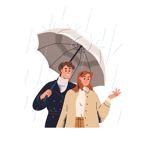 Love couple walking in rain. Romantic date in rainy day, weather in fall season. Happy man and woman under umbrella in shower, rainfall. Flat graphic vector illustration isolated on white background.