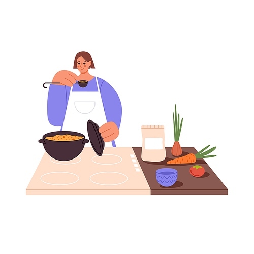 Woman cooking soup and tasting it. Person in apron cook food on cooker at home kitchen. Female preparing dish from vegetables for dinner. Flat vector illustration isolated on white background.