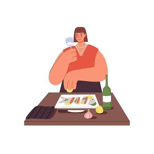 Woman preparing meal, cooking red fish with lemon. Person cook food for festive dinner, drinking glass of wine. Happy female at kitchen table. Flat vector illustration isolated on white background.