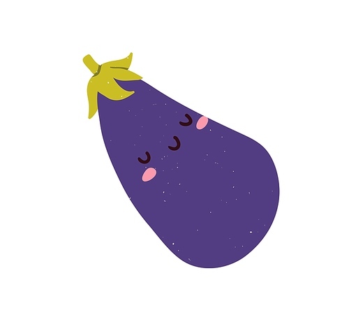 Cute eggplant. Happy sleeping aubergine. Funny comic vegetable character asleep, dreaming, relaxing. Lovely food, smiling emotion, expression. Flat vector illustration isolated on white background.