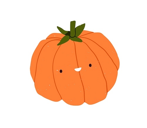 Cute pumpkin character. Funny amusing vegetable, food with happy smiling face expression. Comic autumn veggie, joyful emotion. Kids childish flat vector illustration isolated on white background.