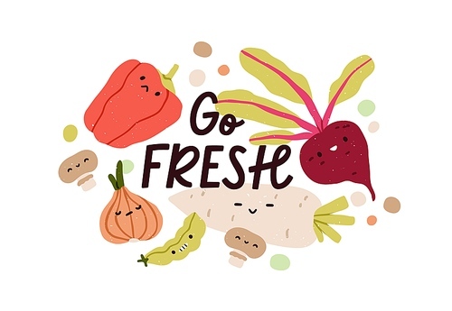 Go fresh, vegetables sticker. Eco veggies, healthy vitamin food characters and vegan phrase. Organic natural eating, nutrition. Vegetarian flat vector illustration isolated on white background.