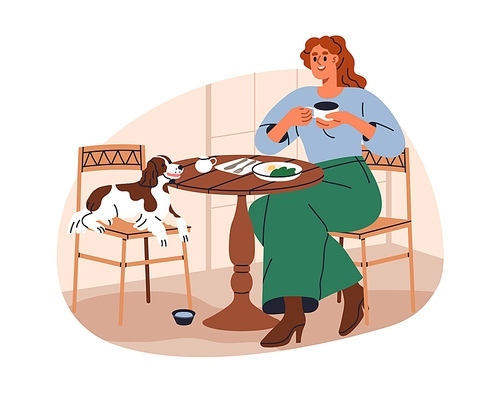Dog owner and puppy in pet-friendly cafe. Woman eating in restaurant with cute doggy at table. Female character and companion pup, animal. Flat vector illustration isolated on white background.