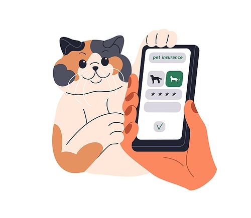 Online pet insurance concept. Happy cute insured cat. Kitty owner with mobile phone for feline animal health and life protection, safety. Flat vector illustration isolated on white background.