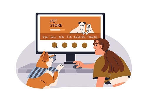 Dog owner and puppy shopping online in virtual pet store. Canine animal and woman buying goods, food, toys at computer in internet. Flat graphic vector illustration isolated on white background.