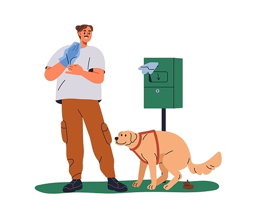 Dog pooping, pet owner cleaning poo, feces after canine animal. Man with plastic waste bag, picking up excrement from lawn during outdoor walk. Flat vector illustration isolated on white background.
