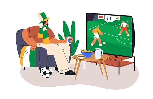 Football fan watching sport match, game on TV. Man supporting, cheering for soccer on television screen, sitting with snacks at home. Flat graphic vector illustrations isolated on white background.