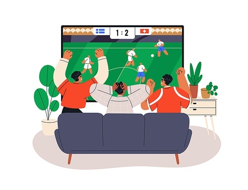 Soccer fans watching football match, sport game on TV screen at home. Friends gathering on couch at home for championship on television. Flat graphic vector illustration isolated on white background.