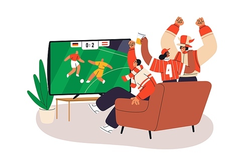 Football fans watching TV, celebrating victory, goal, winning score. Happy friends watch soccer match, championship on television screen. Flat graphic vector illustration isolated on white background.