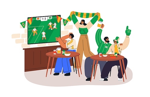 Soccer fans watching TV, sport match in cafe, restaurant. People cheering, celebrating score. Characters watch television with beer. Flat graphic vector illustration isolated on white background.