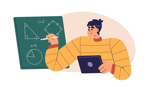 Student studying math online. Character at mathematics class, geometry lesson, drawing formula, solving problems on board. Digital learning. Flat vector illustration isolated on white background.