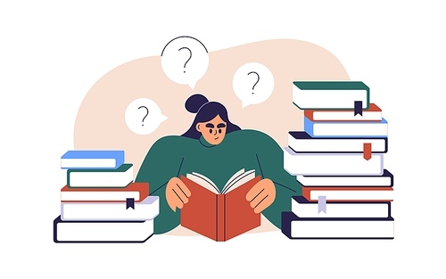 Student studying, preparing for exam among book piles. Character reading textbooks, researching, finding answers in library. Education concept. Flat vector illustration isolated on white background.