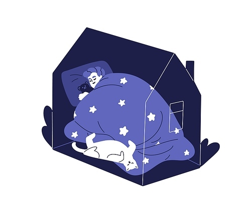 Kid sleeping in bed at home. Child and cat asleep, dreaming under duvet in bedroom. Sleepy person lying inside house, relaxing at night. Flat graphic vector illustration isolated on white background.
