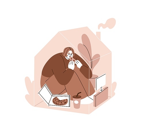 Woman watching TV, eating food snack alone at home. Girl relaxing with pizza and television in house. Person resting, looking movie at at weekend. Flat vector illustration isolated on white background.
