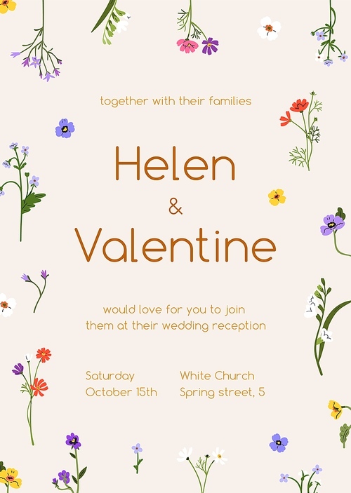 Wedding inviting card design. Invitation background, floral template with gentle flowers. Marriage party, ceremony poster with delicate blooms, spring and summer plants. Flat vector illustration.