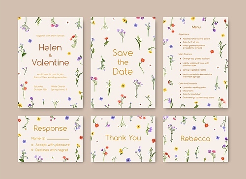 Wedding inviting cards templates set. Marriage invitation, Save the Date, Response, Menu background designs with field flowers, meadow wildflowers, delicate floral design. Flat vector illustrations.