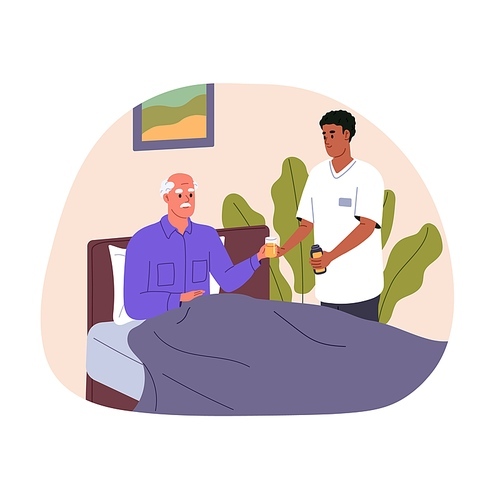 Caregiver caring about elderly man, lying in bed. Social worker help old senior person with drink. Nurse assistance, support for aged patient. Flat vector illustration isolated on white background.
