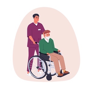 Old person with disability in wheelchair. Nurse, caregiver helping elderly senior disabled man. Social worker caring about aged human. Flat graphic vector illustration isolated on white background.