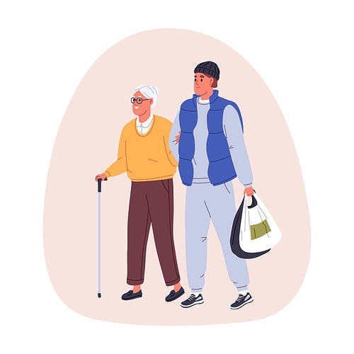 Young person volunteer helping senior old woman, carrying her shopping bags with groceries. Charitable care for elderly lady, grandma with cane. Flat vector illustration isolated on white background.