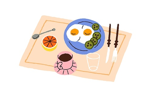 Breakfast meal, dish. Fried eggs served with vegetables, coffee cup, fruit. Healthy lunch, brunch, traditional tasty morning food and tea. Flat vector illustration isolated on white background.