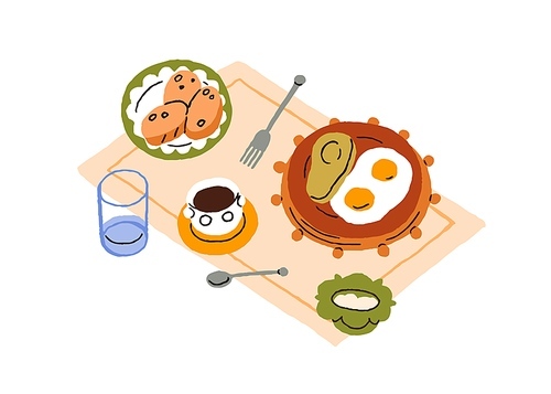 Breakfast table served with fried eggs, avocado, coffee cup, bread, water glass. Morning dishes, food and drink. Healthy nutritious lunch. Flat vector illustration isolated on white background.