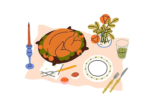 Roasted turkey served on plate for dinner. Chicken dish, juice drink in glass, candle, flower in vase. Cooked eating, beverages and decorations. Flat vector illustration isolated on white background.