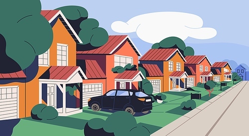 Suburban residential houses, garages at town outskirts. Home buildings architecture, car, lawn grass in suburbia. Dwelling property, real estate at suburbs, perspective view. Flat vector illustration.