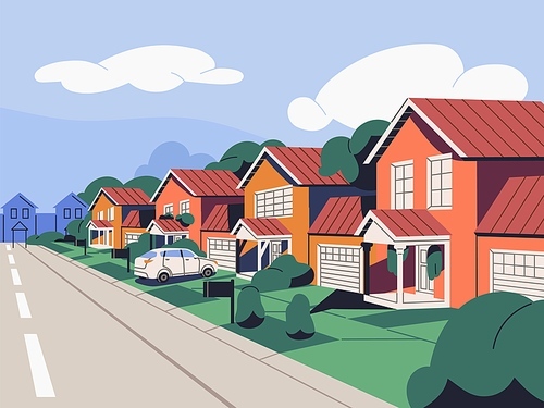 Suburban houses, residential real estate in suburbs. Homes in suburbia, city outskirts. Small town street with semi-detached buildings, dwelling property, garages, lawn, road. Flat vector illustration.