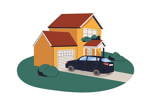 Car parked at house. Outside of home building with closed garage and auto transport. Dwelling, automobile outdoors. Real estate, property. Flat vector illustration isolated on white background.