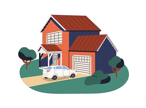 House and parked car at garage. Auto and real estate outside. Automobile and suburban residential home building, mansion, dwelling. Flat graphic vector illustration isolated on white background.