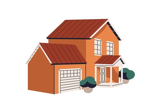 House building exterior. Classic home facade with garage, porch. Two-story property, residential suburban real estate from outdoor, outside. Flat vector illustration isolated on white background.