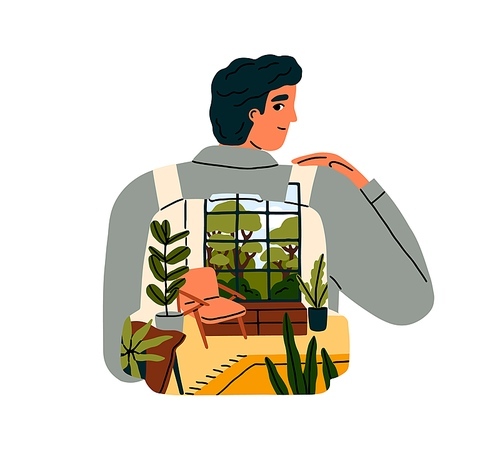 Tourist travels with backpack, missing, remembering sweet home. Man traveler thinking, dreaming about house during trip, journey, relocation. Flat vector illustration isolated on white background.